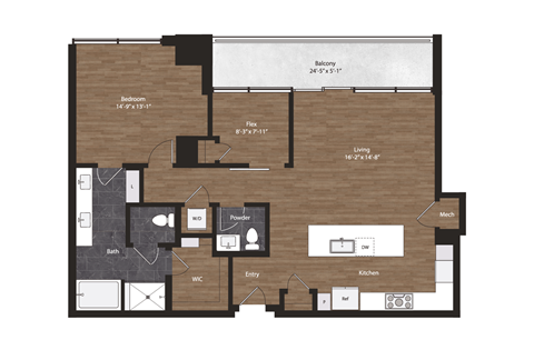 Floor plan for 1 bed, 1.5 baths, 1159 sqft